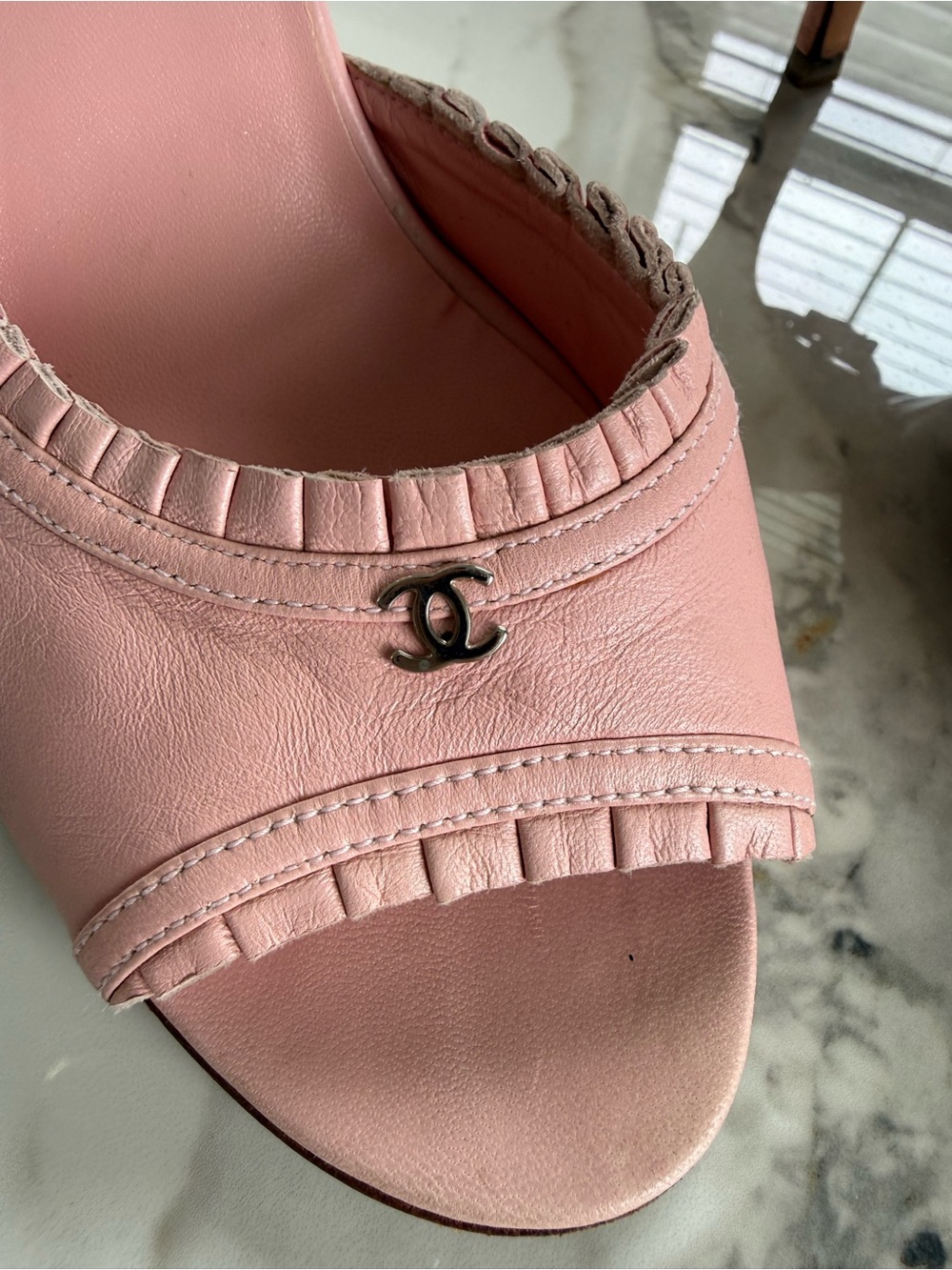 CHANEL Pink Leather Open-Toe Ankle-Strap Heels - Picture 3 of 7